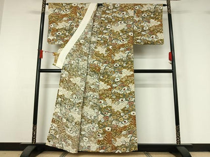 平和屋着物▽上質な小紋　単衣　手描き　吉祥花文　金彩　鬼しぼ縮緬　正絹　逸品　AABJ1658jh