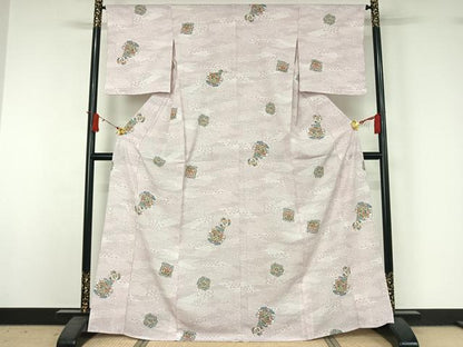 平和屋着物▽小紋　単衣　花絵皿文　洗える着物　AABJ1660jh