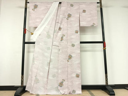 平和屋着物▽小紋　単衣　花絵皿文　洗える着物　AABJ1660jh