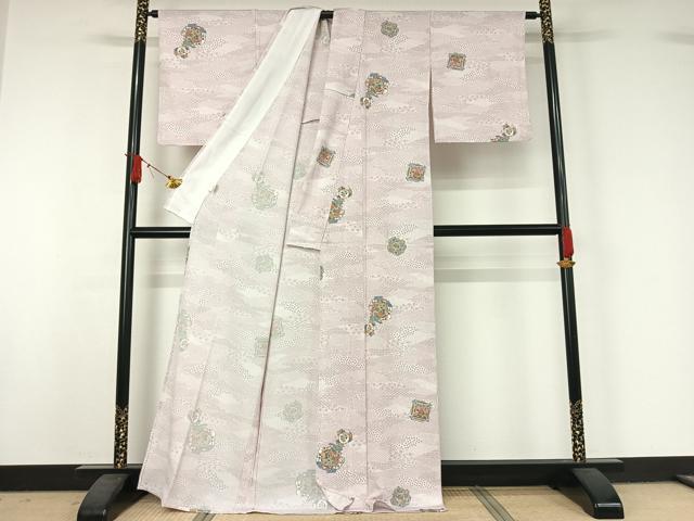 平和屋着物▽小紋　単衣　花絵皿文　洗える着物　AABJ1660jh