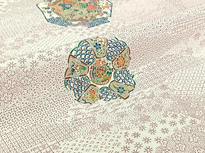 平和屋着物▽小紋　単衣　花絵皿文　洗える着物　AABJ1660jh