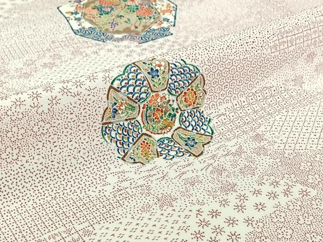 平和屋着物▽小紋　単衣　花絵皿文　洗える着物　AABJ1660jh
