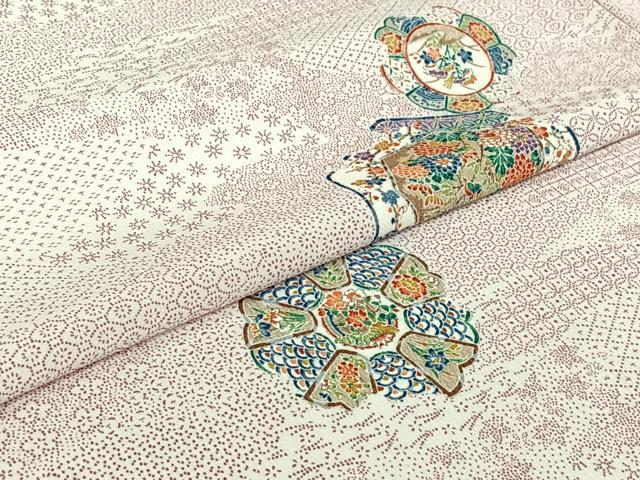 平和屋着物▽小紋　単衣　花絵皿文　洗える着物　AABJ1660jh
