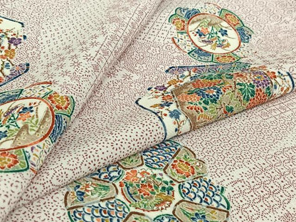 平和屋着物▽小紋　単衣　花絵皿文　洗える着物　AABJ1660jh