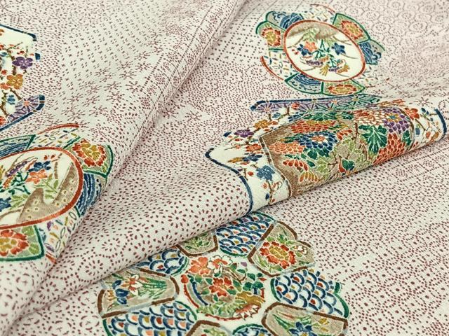 平和屋着物▽小紋　単衣　花絵皿文　洗える着物　AABJ1660jh