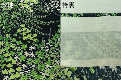平和屋着物▽上質な小紋　単衣　草花文　黒地　正絹　逸品　AABJ1662jh