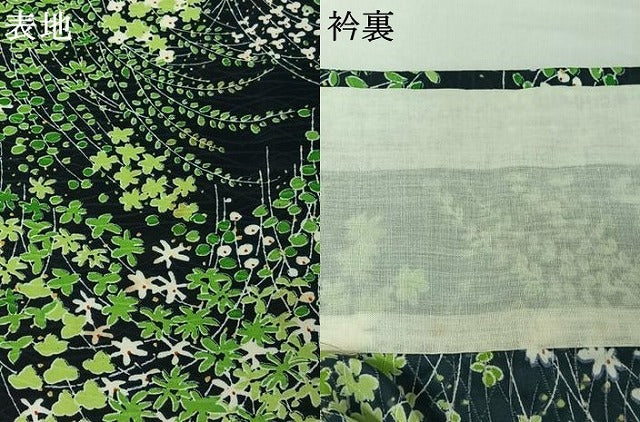 平和屋着物▽上質な小紋　単衣　草花文　黒地　正絹　逸品　AABJ1662jh