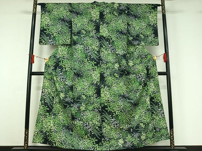 平和屋着物▽上質な小紋　単衣　草花文　黒地　正絹　逸品　AABJ1662jh