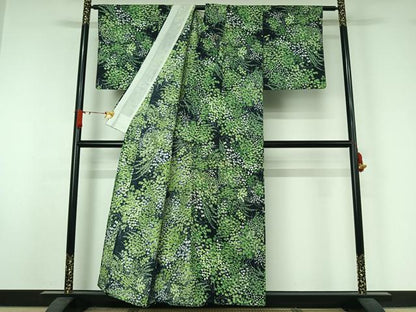 平和屋着物▽上質な小紋　単衣　草花文　黒地　正絹　逸品　AABJ1662jh