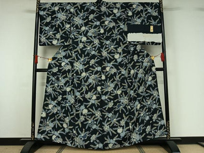 平和屋着物▽上質な小紋　単衣　草花文　葵　手引染　金彩　反端付き　正絹　逸品　AABJ1663jh