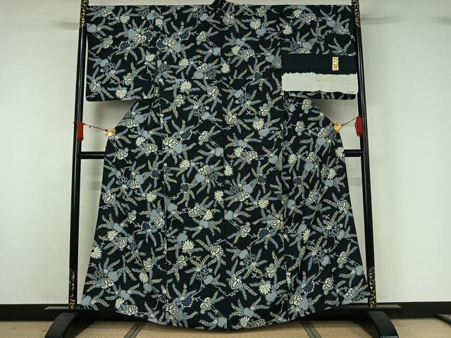 平和屋着物▽上質な小紋　単衣　草花文　葵　手引染　金彩　反端付き　正絹　逸品　AABJ1663jh