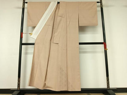 平和屋着物▽色留訪問着　結城紬　単衣　麻の葉文様　証紙付き　正絹　逸品　AABJ1665jh