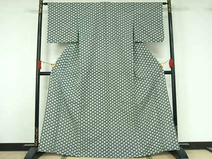 平和屋着物▽小紋　単衣　扇面花文　洗える着物　AABJ1668jh