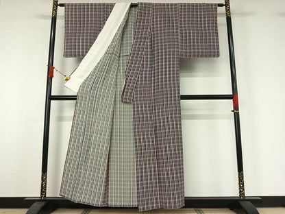 平和屋着物▽上質な小紋　単衣　格子　正絹　逸品　AABJ1683jh