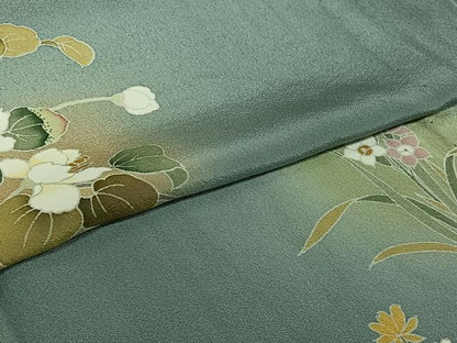 平和屋着物▽京加賀友禅作家　伊達富美子　訪問着　単衣　草花文　暈し染め　正絹　逸品　AABJ1687jh