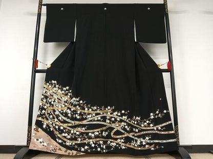 平和屋着物▽豪華黒留袖　単衣　作家物　駒刺繍　吉祥花文　金彩　正絹　逸品　AABJ1697jh