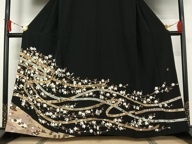 平和屋着物▽豪華黒留袖　単衣　作家物　駒刺繍　吉祥花文　金彩　正絹　逸品　AABJ1697jh