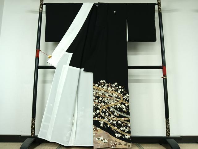 平和屋着物▽豪華黒留袖　単衣　作家物　駒刺繍　吉祥花文　金彩　正絹　逸品　AABJ1697jh