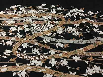 平和屋着物▽豪華黒留袖　単衣　作家物　駒刺繍　吉祥花文　金彩　正絹　逸品　AABJ1697jh