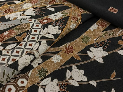 平和屋着物▽豪華黒留袖　単衣　作家物　駒刺繍　吉祥花文　金彩　正絹　逸品　AABJ1697jh