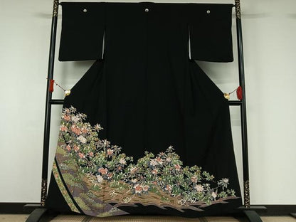 平和屋着物▽豪華黒留袖　単衣　友禅　流水花文　正絹　逸品　AABJ1698jh