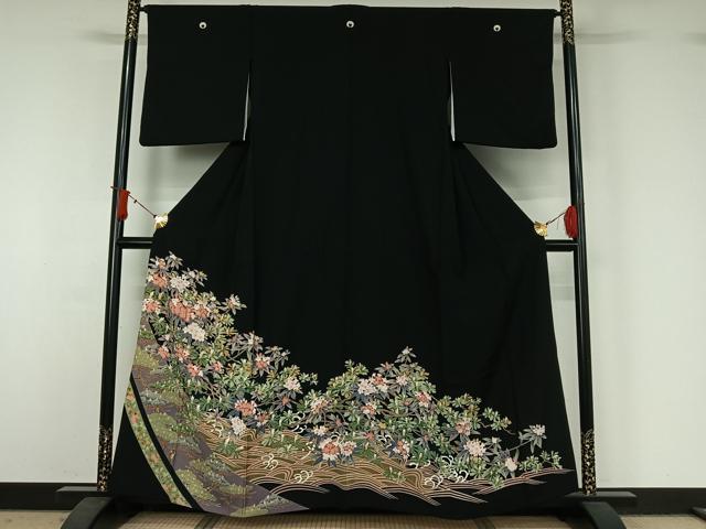平和屋着物▽豪華黒留袖　単衣　友禅　流水花文　正絹　逸品　AABJ1698jh