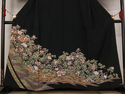平和屋着物▽豪華黒留袖　単衣　友禅　流水花文　正絹　逸品　AABJ1698jh