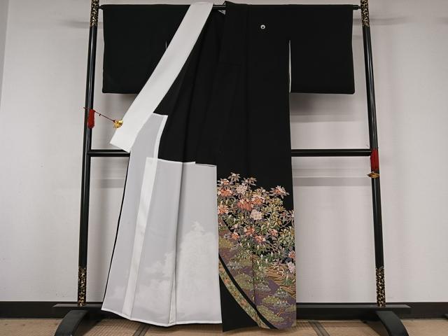 平和屋着物▽豪華黒留袖　単衣　友禅　流水花文　正絹　逸品　AABJ1698jh