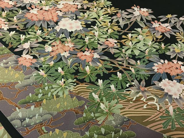 平和屋着物▽豪華黒留袖　単衣　友禅　流水花文　正絹　逸品　AABJ1698jh