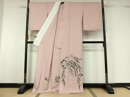 平和屋着物▽色留訪問着　単衣　手描き　草花文　洗える着物　AABJ1704jh