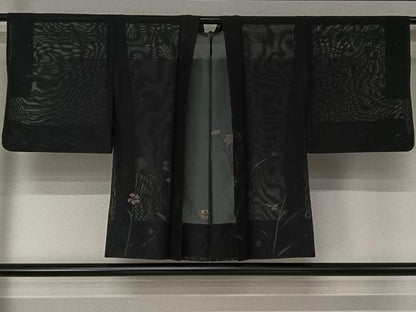 平和屋着物▽羽織　スリーシーズン　春夏秋　塵除け　草花文　黒地　銀糸　正絹　逸品　AABJ1705jh