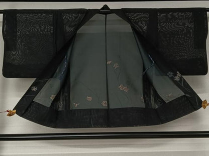 平和屋着物▽羽織　スリーシーズン　春夏秋　塵除け　草花文　黒地　銀糸　正絹　逸品　AABJ1705jh