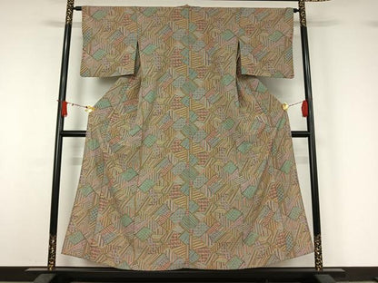 平和屋着物▽小紋　単衣　幾何学文様　鬼しぼ縮緬　洗える着物　AABJ1711jh
