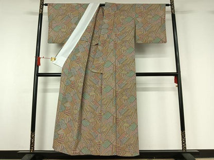 平和屋着物▽小紋　単衣　幾何学文様　鬼しぼ縮緬　洗える着物　AABJ1711jh