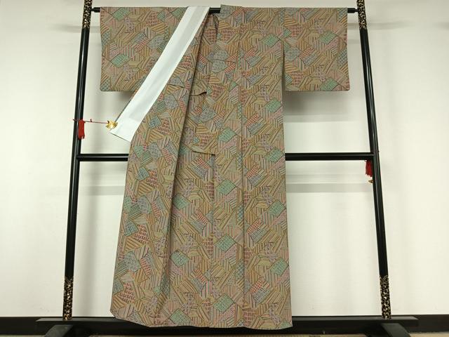平和屋着物▽小紋　単衣　幾何学文様　鬼しぼ縮緬　洗える着物　AABJ1711jh