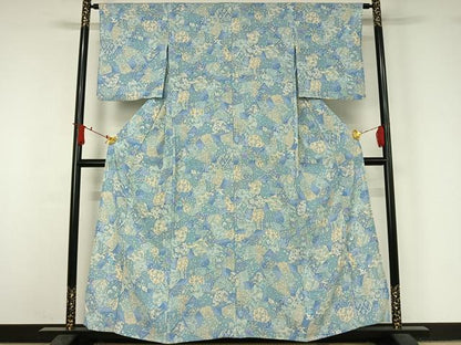 平和屋着物▽小紋　単衣　切嵌花文　鬼しぼ縮緬　洗える着物　AABJ1712jh