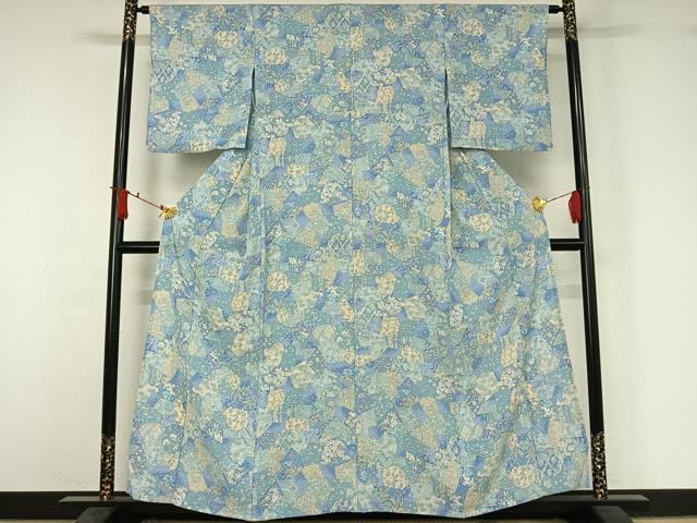 平和屋着物▽小紋　単衣　切嵌花文　鬼しぼ縮緬　洗える着物　AABJ1712jh