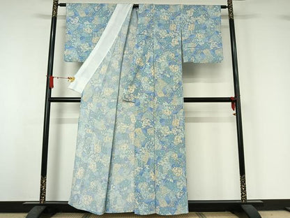 平和屋着物▽小紋　単衣　切嵌花文　鬼しぼ縮緬　洗える着物　AABJ1712jh
