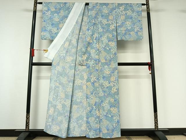 平和屋着物▽小紋　単衣　切嵌花文　鬼しぼ縮緬　洗える着物　AABJ1712jh
