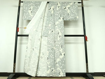 平和屋着物▽上質な小紋　単衣　草葉文　正絹　逸品　AABJ1714jh