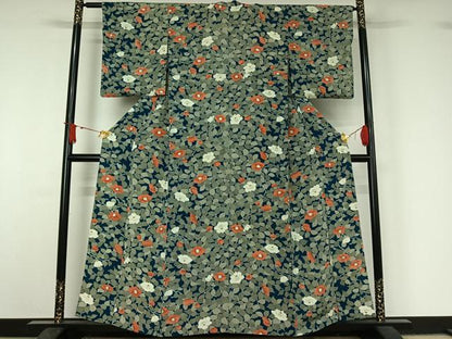 平和屋着物▽上質な小紋　単衣　手描き　草花文　金彩　鬼しぼ縮緬　正絹　逸品　AABJ1715jh