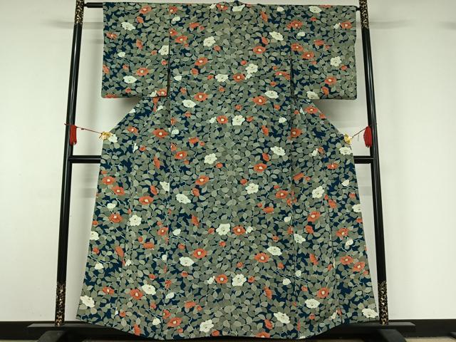 平和屋着物▽上質な小紋　単衣　手描き　草花文　金彩　鬼しぼ縮緬　正絹　逸品　AABJ1715jh