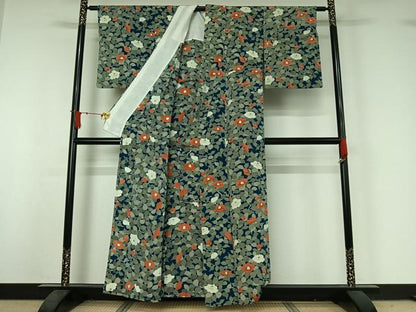 平和屋着物▽上質な小紋　単衣　手描き　草花文　金彩　鬼しぼ縮緬　正絹　逸品　AABJ1715jh