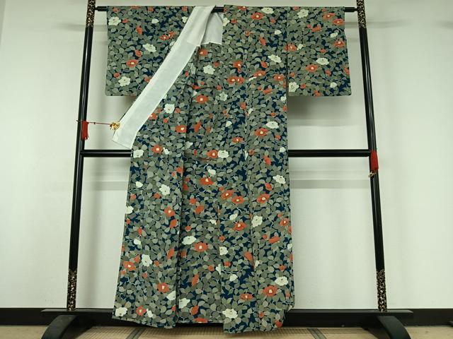 平和屋着物▽上質な小紋　単衣　手描き　草花文　金彩　鬼しぼ縮緬　正絹　逸品　AABJ1715jh
