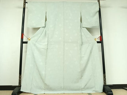平和屋着物▽上質な色無地　単衣　草花地紋　白緑色　正絹　逸品　AABJ1722jh