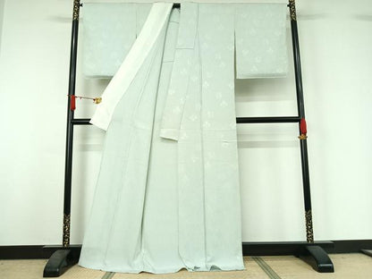 平和屋着物▽上質な色無地　単衣　草花地紋　白緑色　正絹　逸品　AABJ1722jh