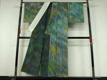 平和屋着物▽お召　単衣　霞文　正絹　逸品　AABJ1726jh