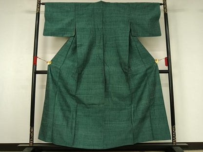 平和屋着物▽上質な紬　単衣　木賊色　正絹　逸品　AABJ1736jh