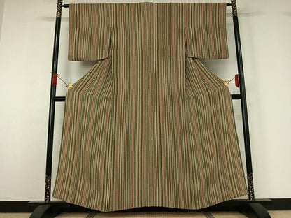 平和屋着物▽上質な小紋　単衣　縞　鬼しぼ縮緬　正絹　逸品　AABJ1738jh