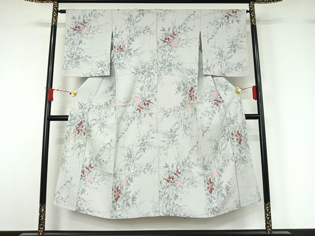 平和屋着物▽お召　単衣　草花文　金糸　AABJ1739jh